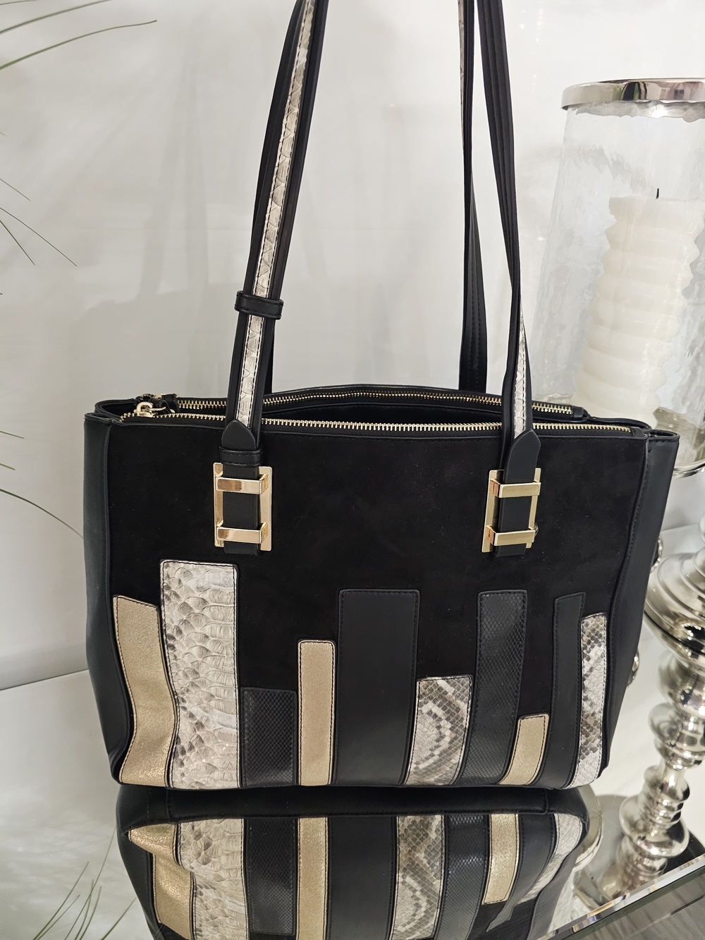 Black Shoulder Tote with Gold & Snakeskin Accent - Picture 1 of 5